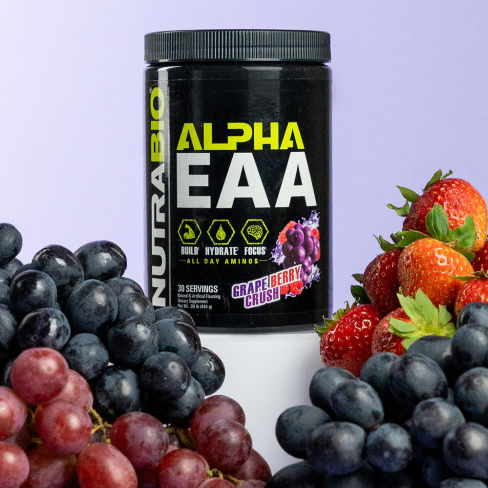 NutraBio Alpha EAA grape-berry-crush label signals flavor and transparency