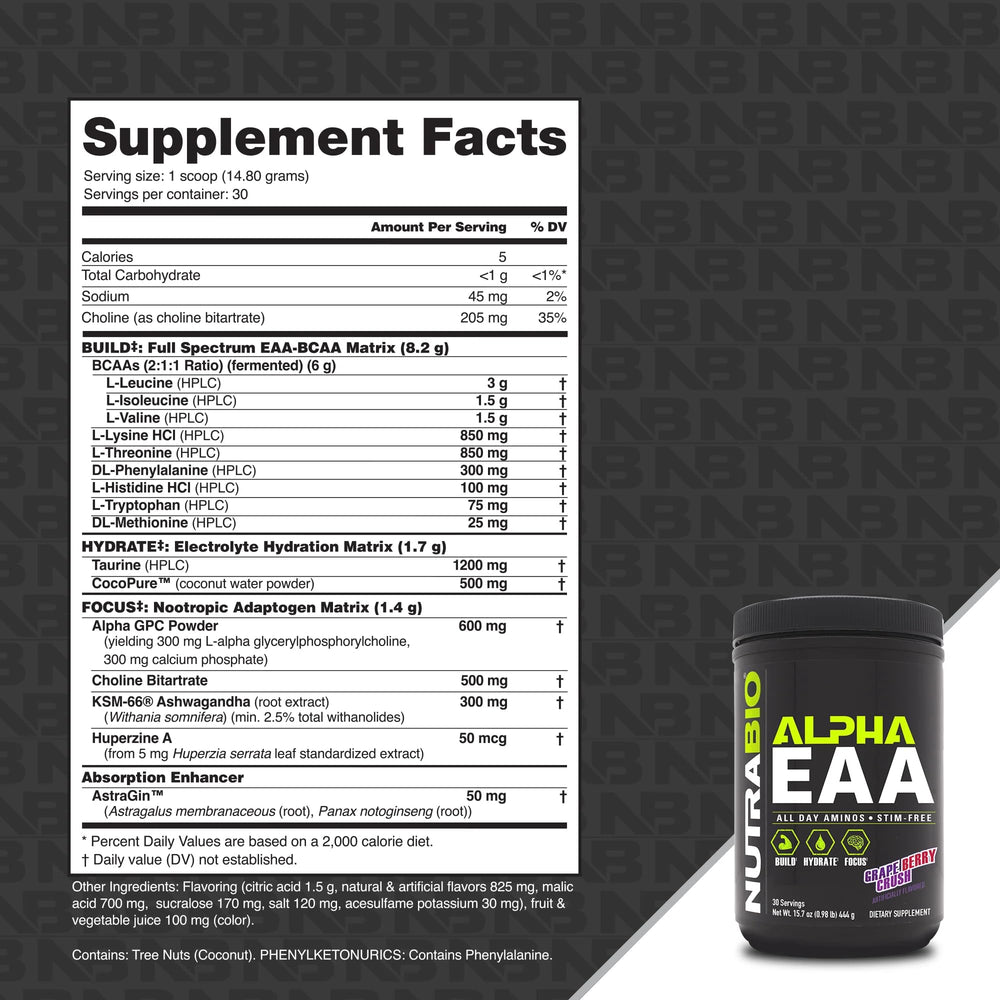 NutraBio Alpha EAA scoop dispense captures precise dosing for sustained energy