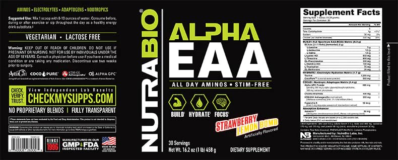 NutraBio Alpha EAA scoop beside a shaker for easy mixing