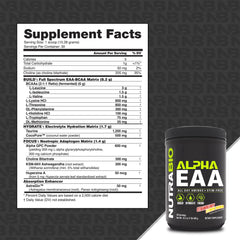 Nutrition facts label on NutraBio Alpha EAA box
