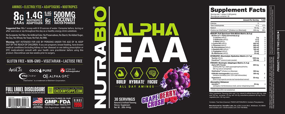 NutraBio Alpha EAA supplement jar side view highlights premium packaging