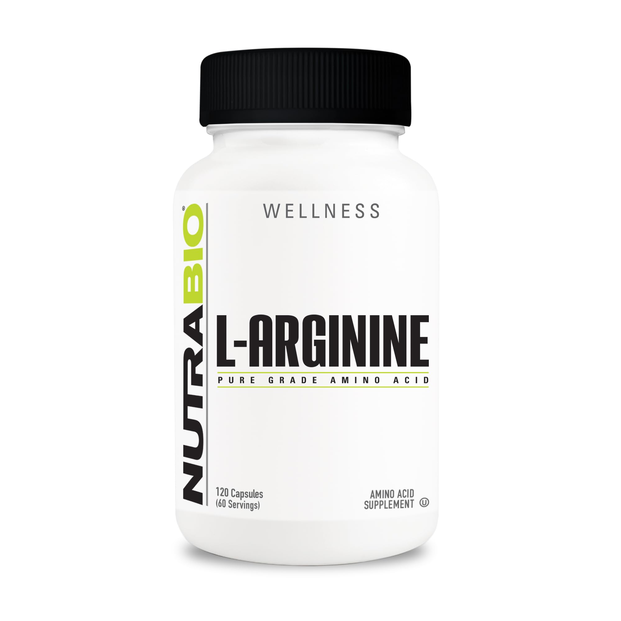 NutraBio L-Arginine 750mg bottle with 120 capsules