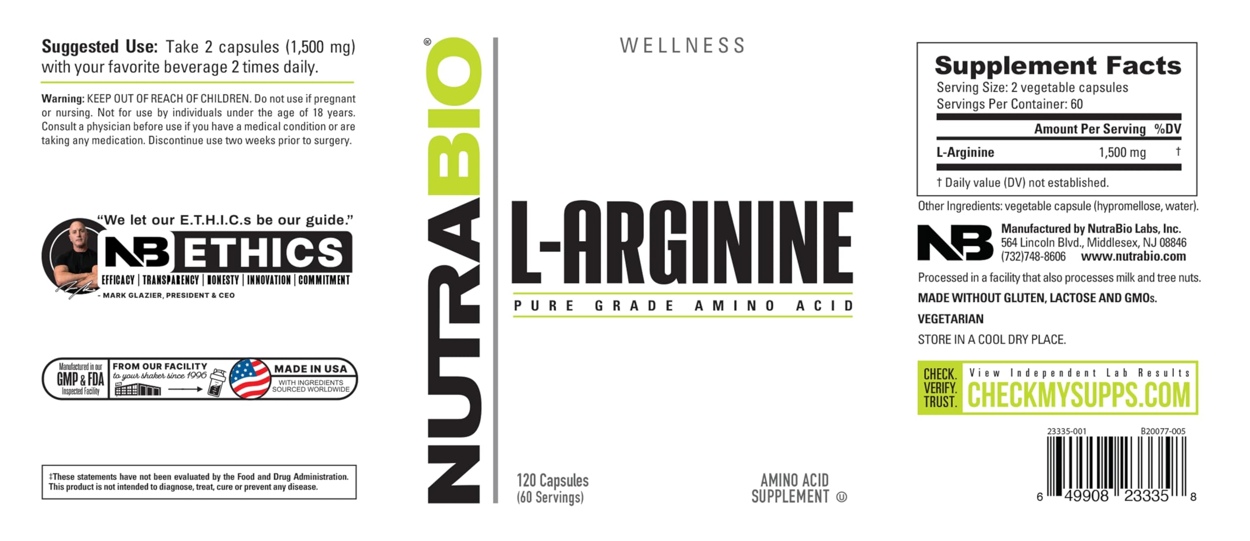 Made in the USA label for NutraBio L-Arginine 750mg