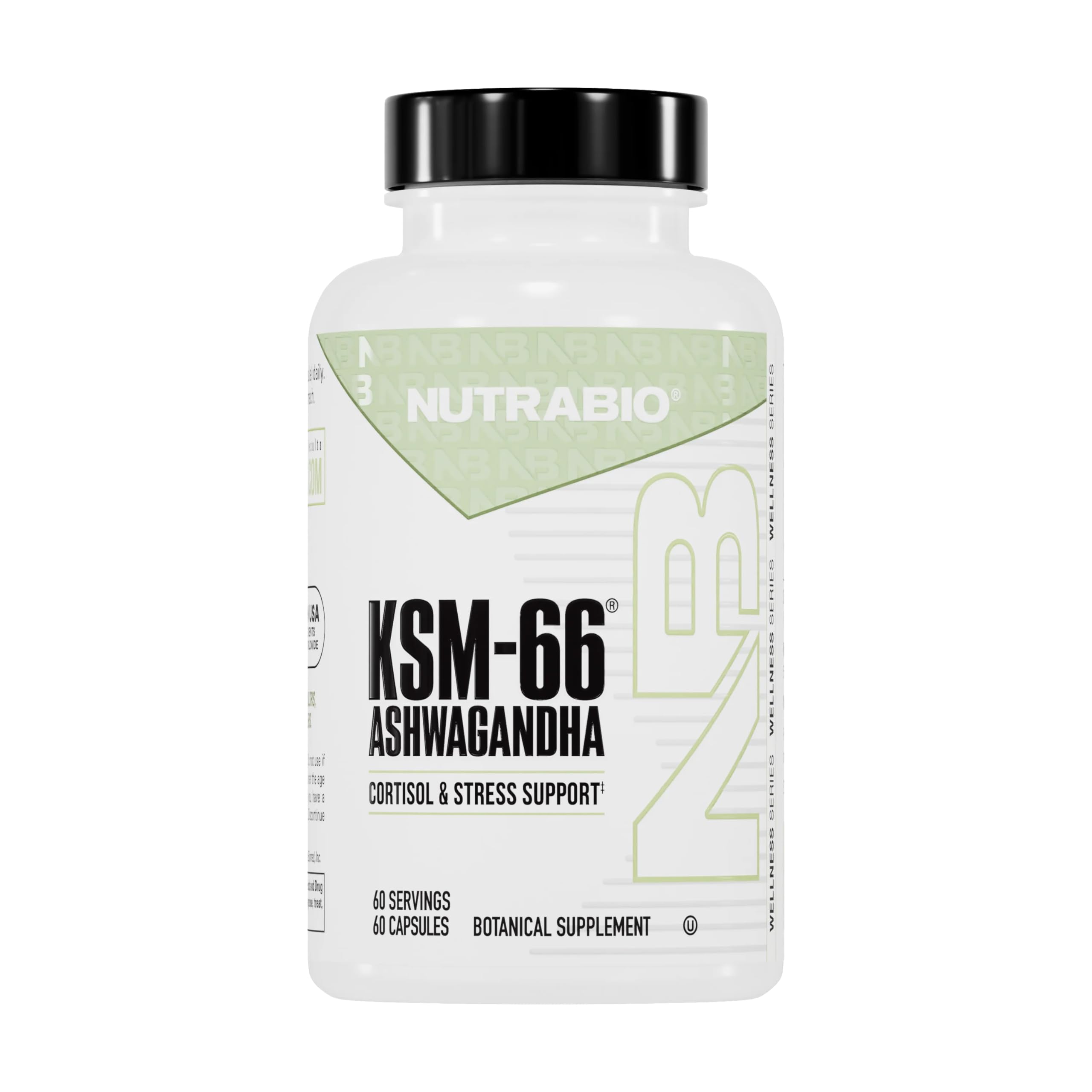 NutraBio Ashwagandha KSM-66 bottle label with 60 capsules