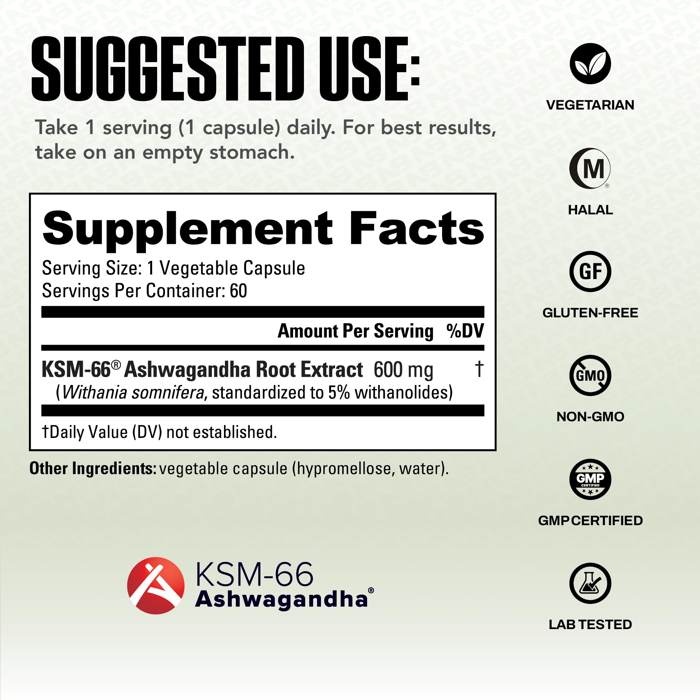 Close-up of NutraBio Ashwagandha KSM-66 capsules