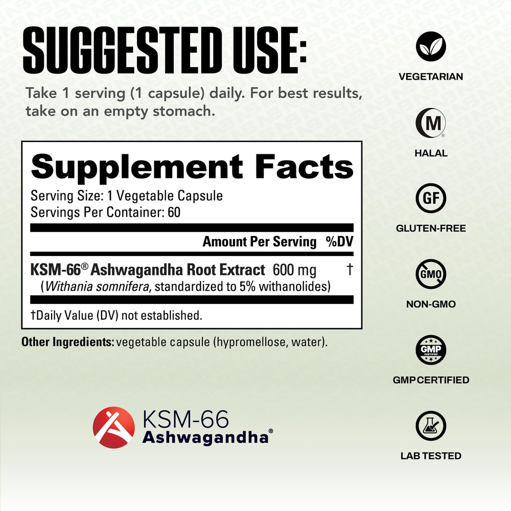 Close-up of NutraBio Ashwagandha KSM-66 capsules