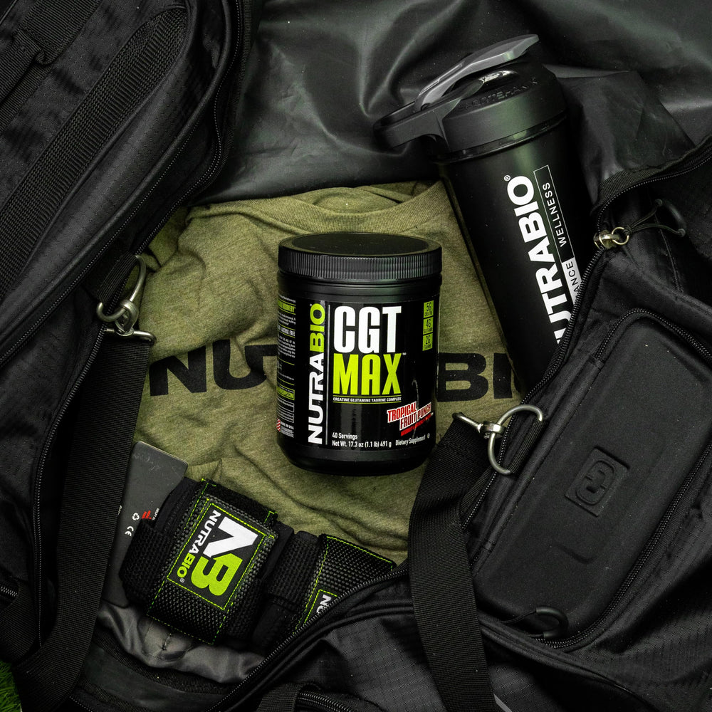 Close-up of ingredients: creatine, glutamine, taurine