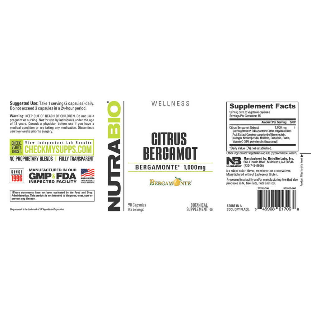 Nutrition label and ingredients panel for Bergamot Bergamonte supplement