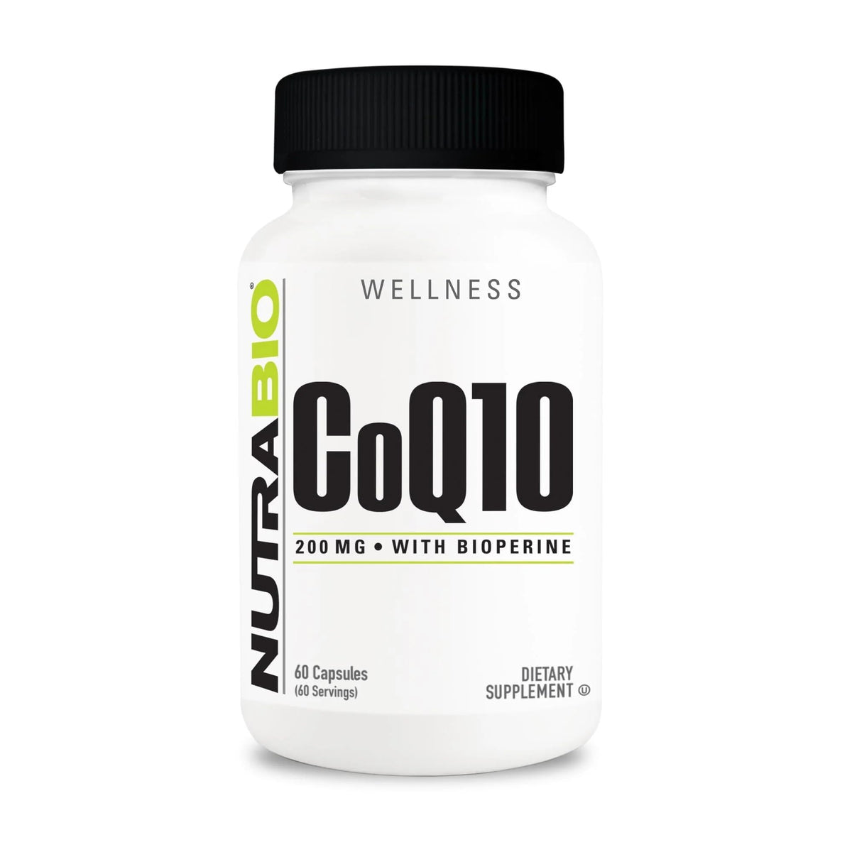Bottle of NutraBio CoQ10 with Bioperine 200mg — 60 capsules