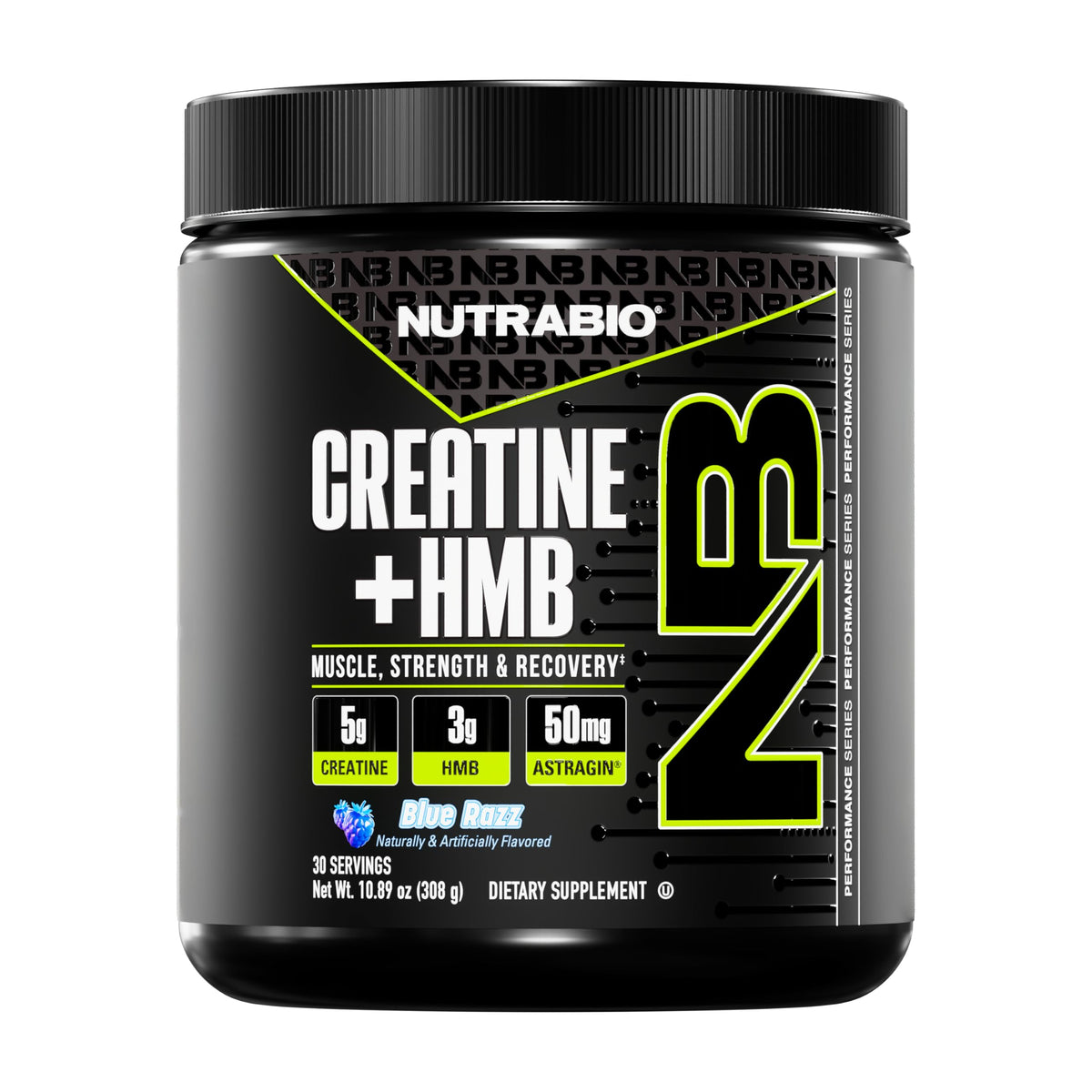NutraBio Creatine + HMB powder container with Blue Razz flavor label