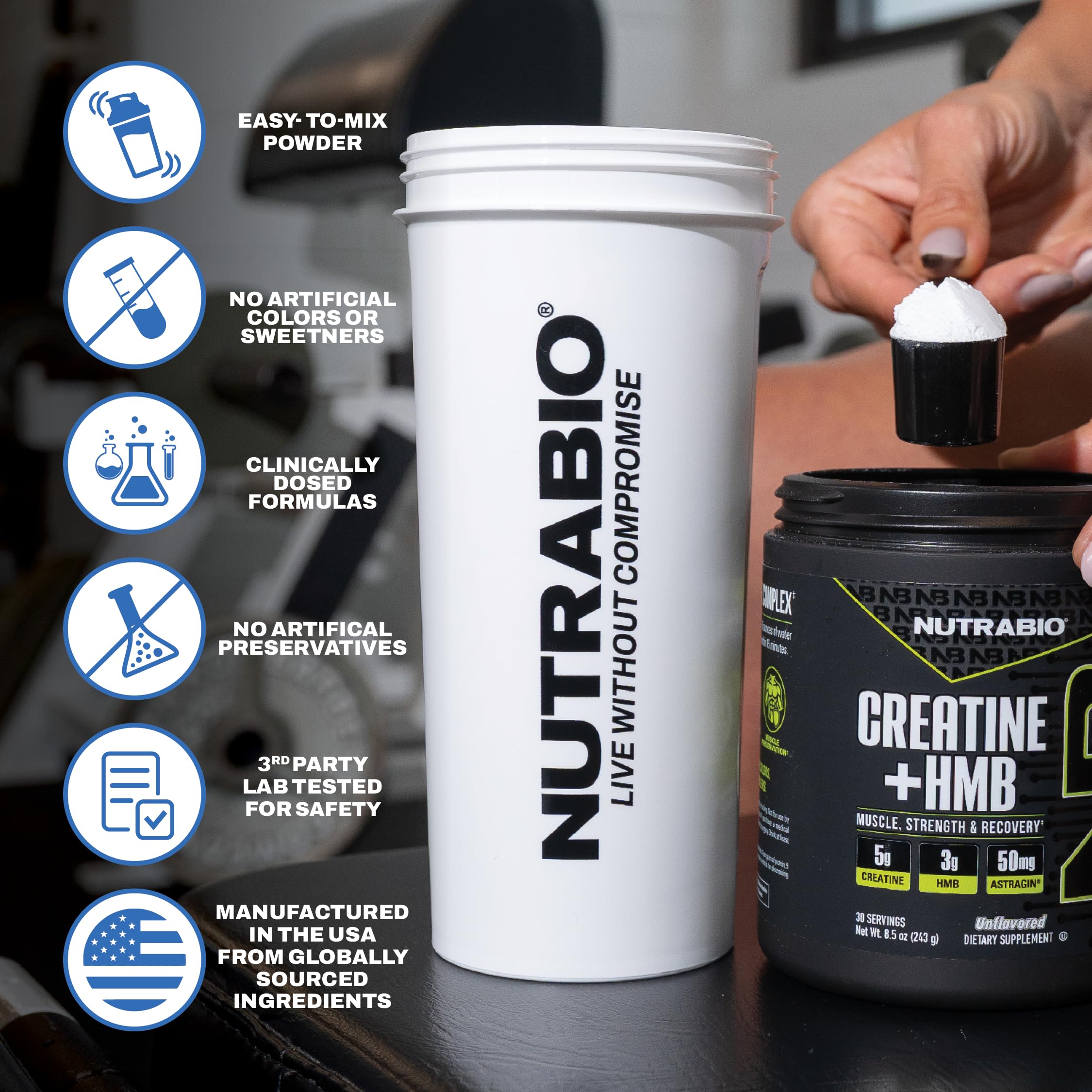 Nutrition facts label for NutraBio Creatine + HMB