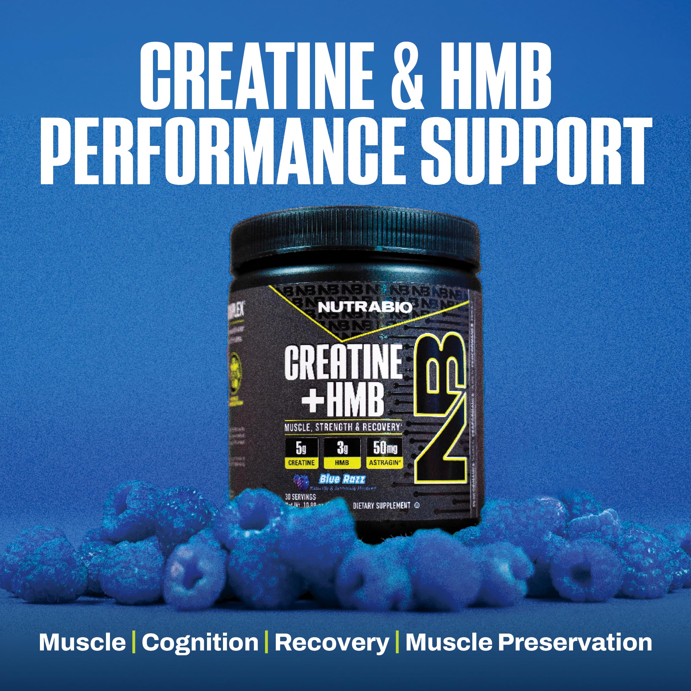 Blue Razz NutraBio Creatine + HMB bottle beside shaker