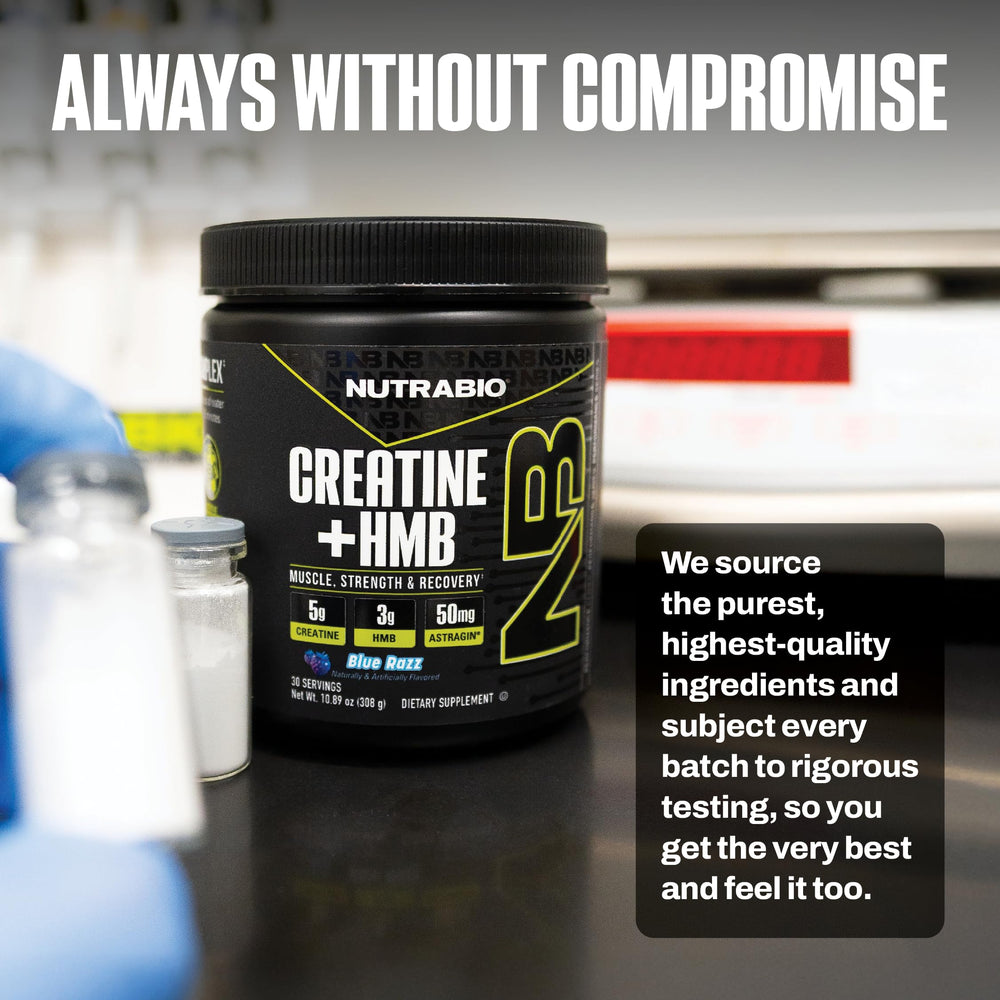 Muscle growth concept with NutraBio supplement bottle
