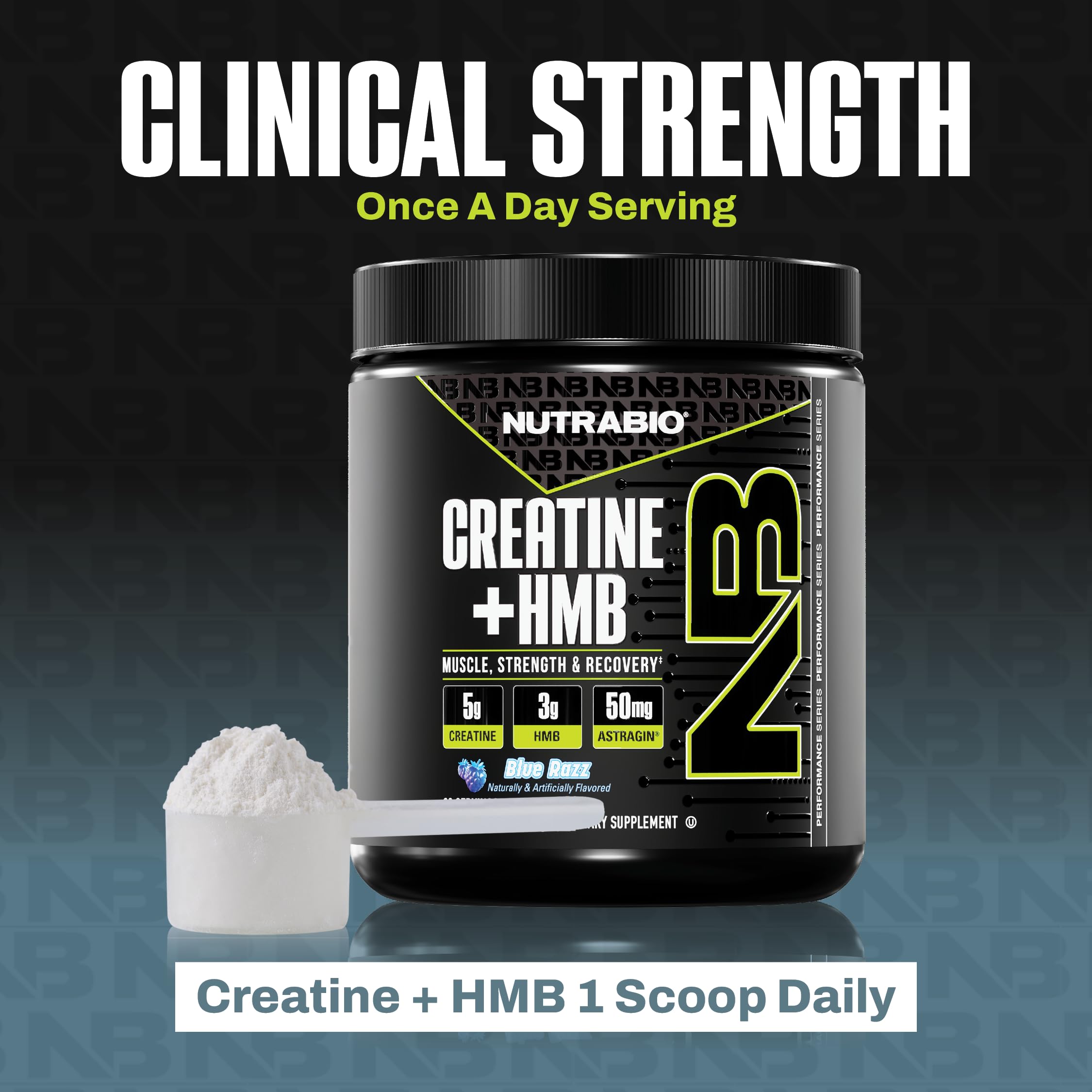 Stacked NutraBio Creatine + HMB products with blue accents