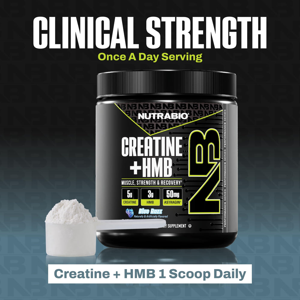 Stacked NutraBio Creatine + HMB products with blue accents
