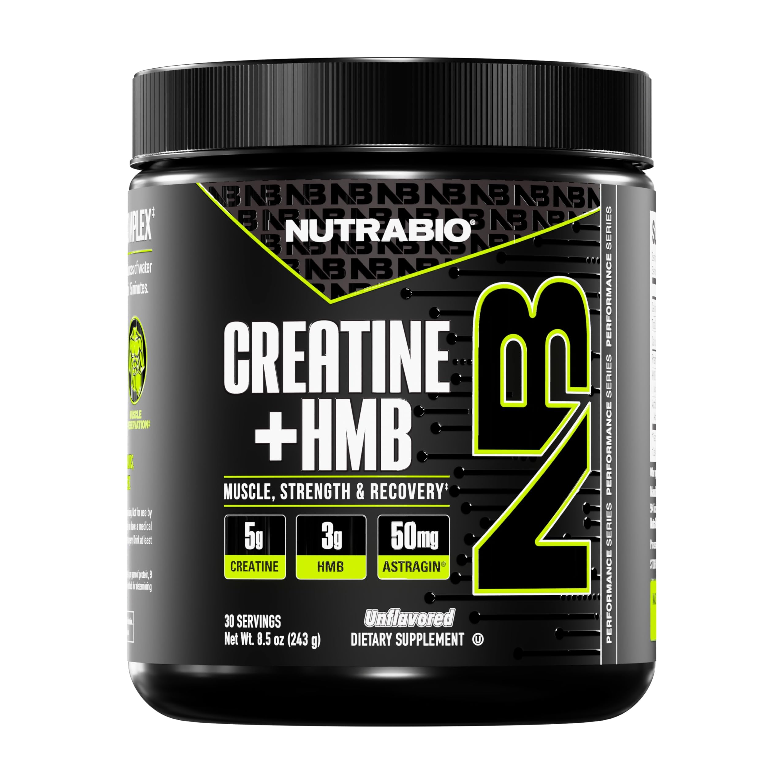 NutraBio Creatine + HMB bottle with label and dosage details