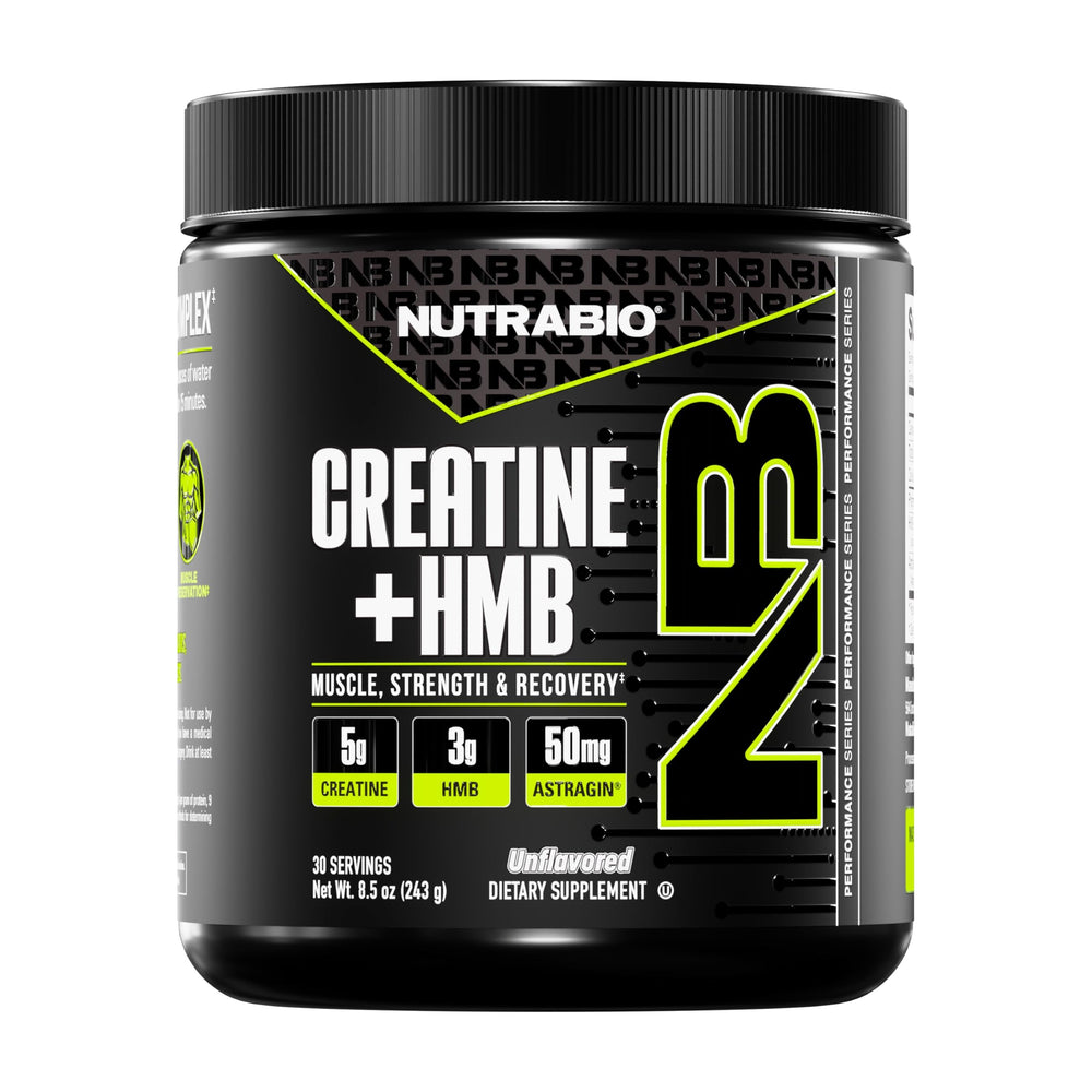 NutraBio Creatine + HMB bottle with label and dosage details
