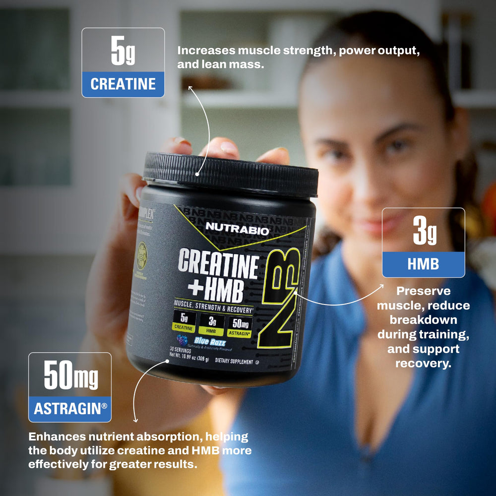 NutraBio Creatine + HMB jar and measuring scoop on a gym bench.