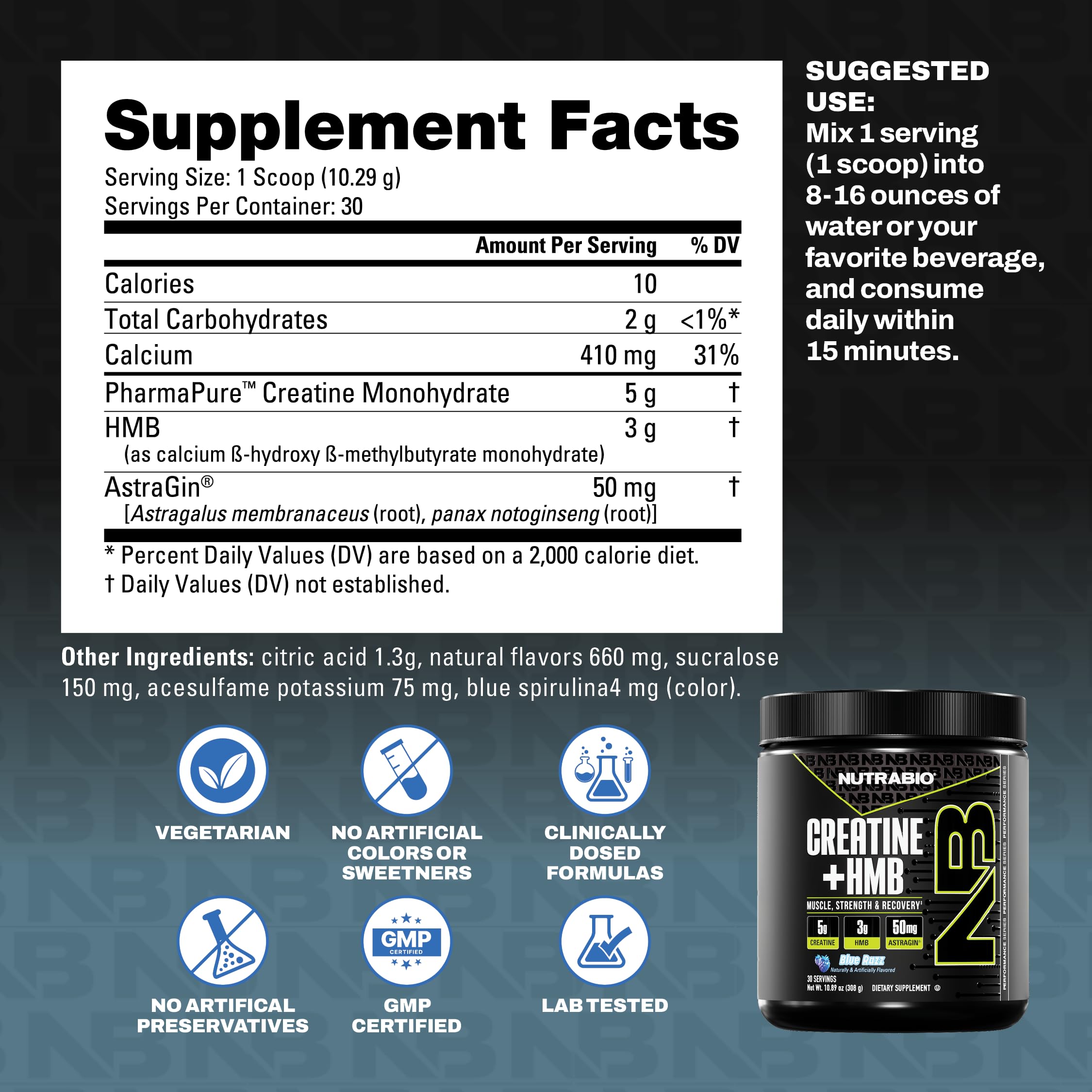 NutraBio Creatine + HMB bottle with lid and label in bright blue packaging.
