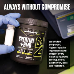Measuring cup beside NutraBio Creatine + HMB for accurate dosing