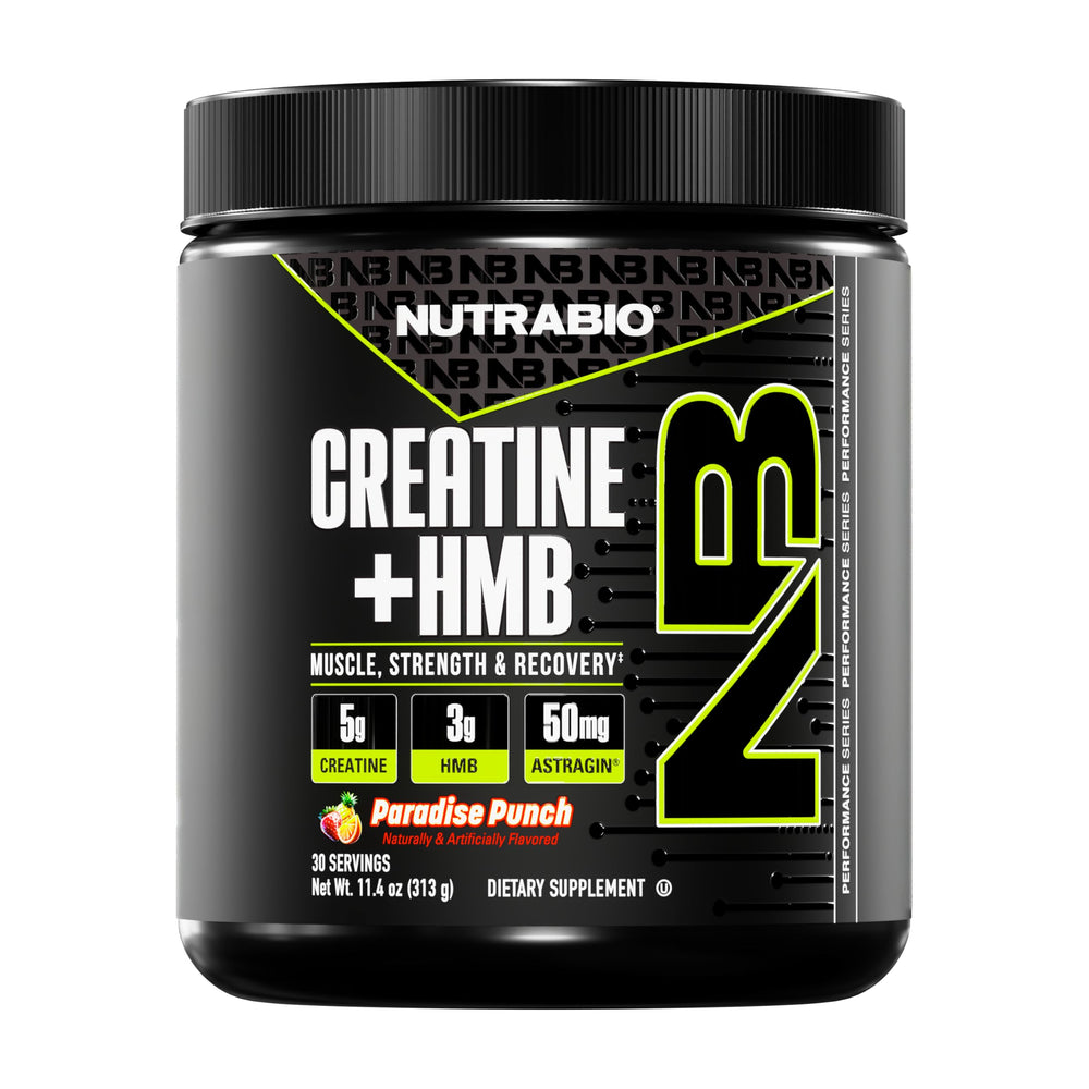 NutraBio Creatine + HMB powder front of tub showing 30 servings for muscle support.