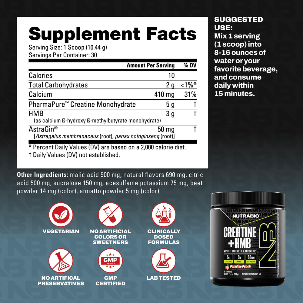 NutraBio Creatine + HMB Paradise Punch bottle and label