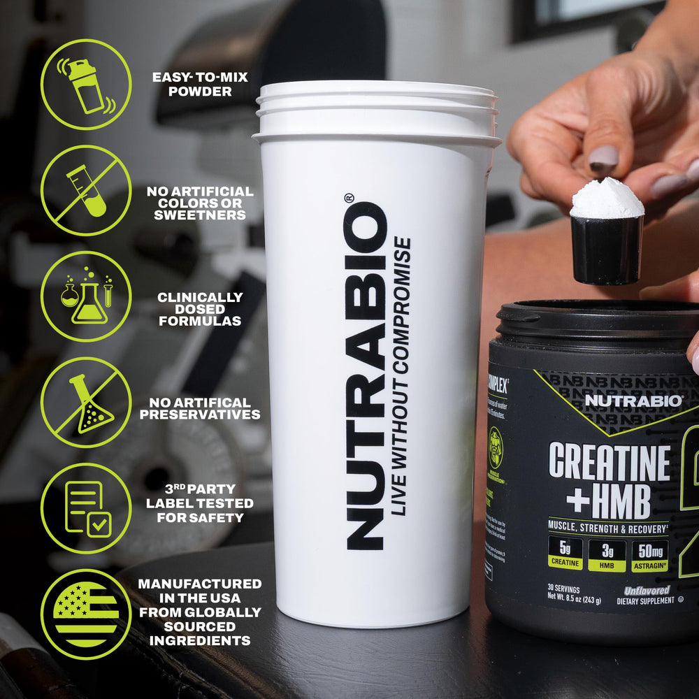 Serving scoop with NutraBio Creatine + HMB powder