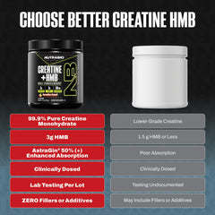 NutraBio Creatine + HMB powder scoop beside Paradise Punch flavor ready to mix.