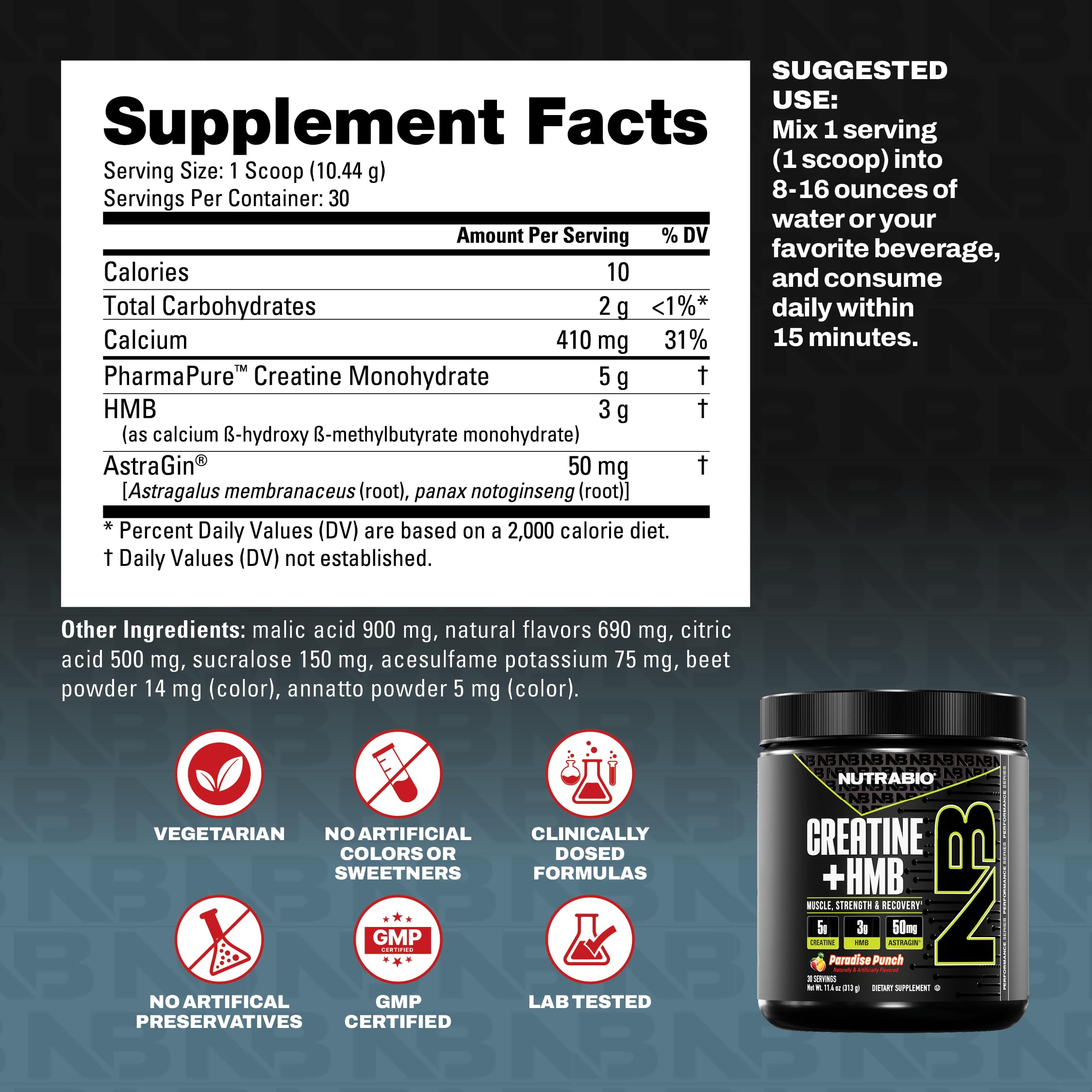 NutraBio Creatine + HMB powder serving in a glass with Paradise Punch ready to drink.