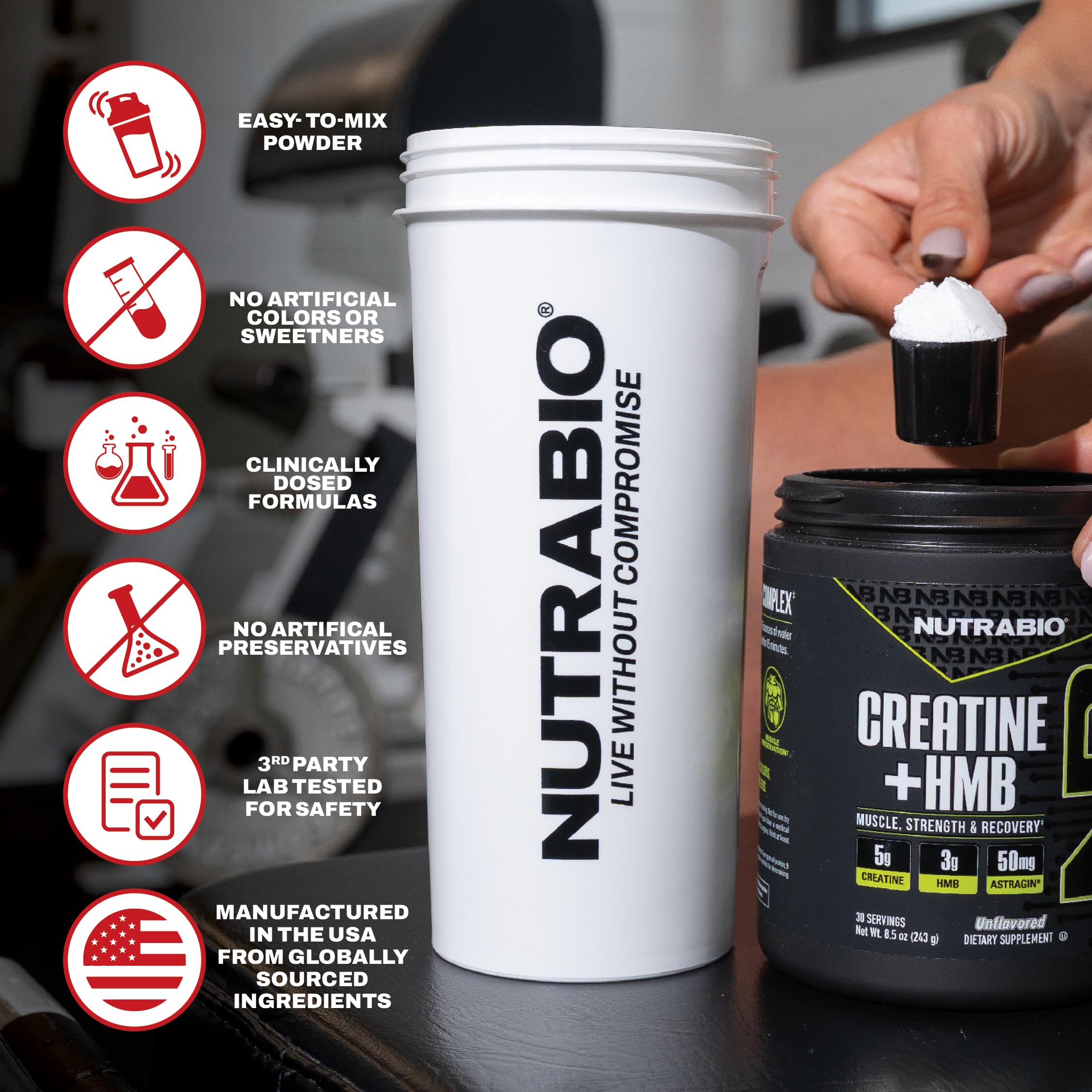 NutraBio Creatine + HMB powder with gym weights in background supporting training goals.