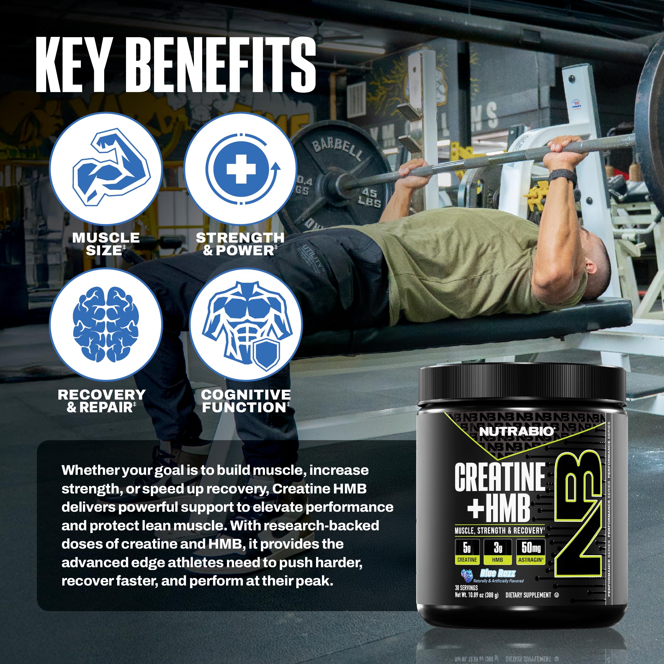 NutraBio Creatine + HMB scoop beside the jar for workouts.