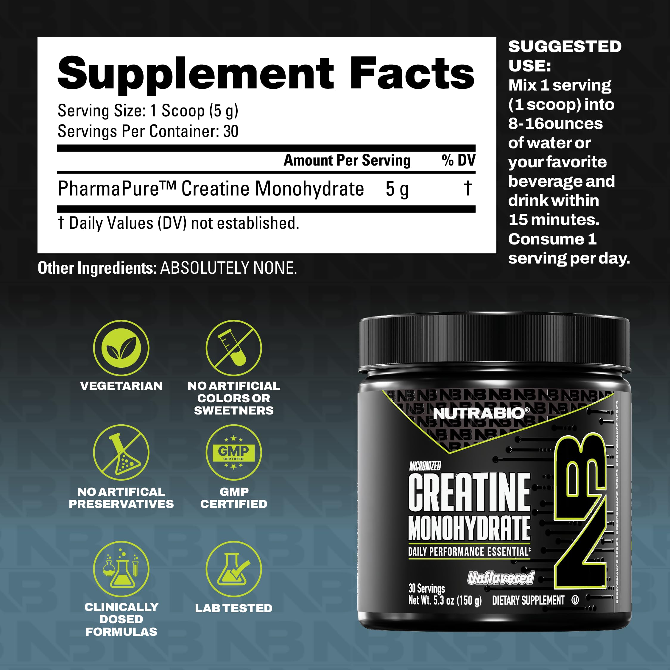 Close-up of label showing micronized creatine monohydrate - unflavored 150 g