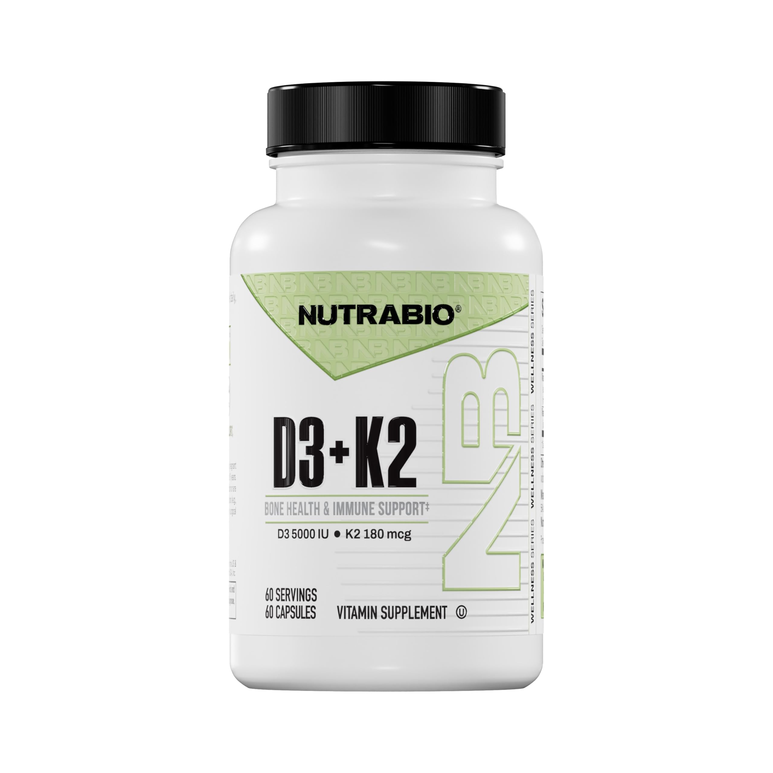 NutraBio D3 K2 5000 IU bottle label with 60 capsules