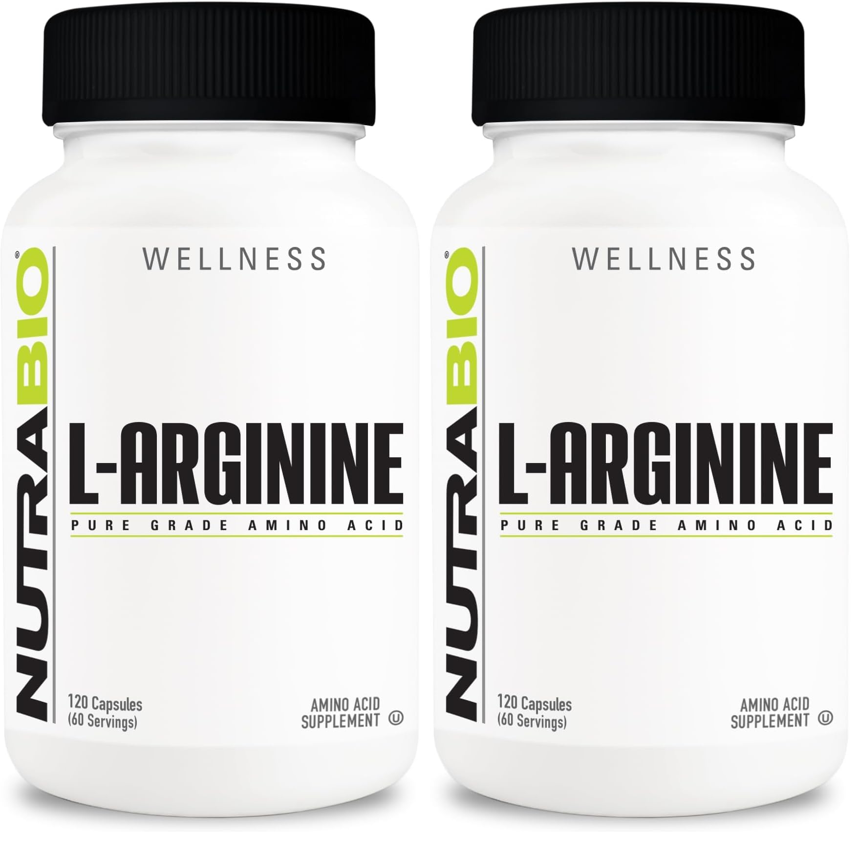 NutraBio L-Arginine 750mg bottle label and two-pack