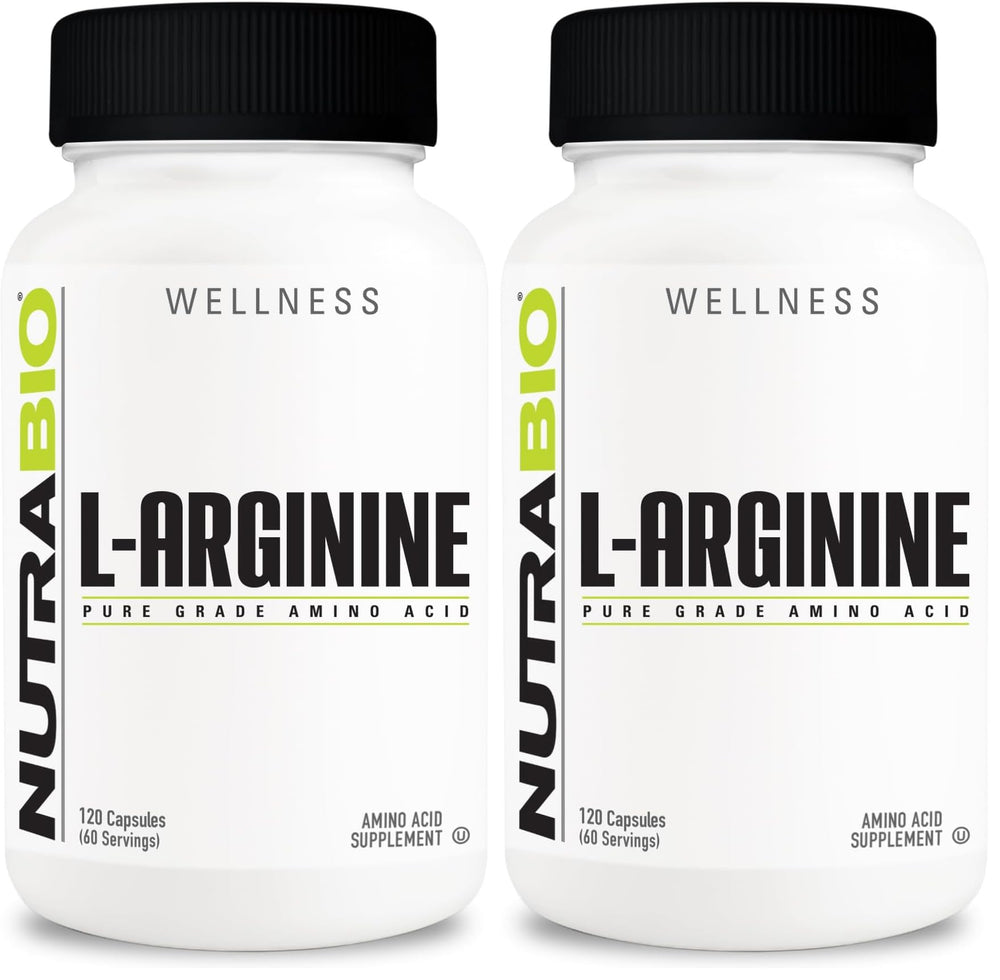 NutraBio L-Arginine 750mg bottle label and two-pack