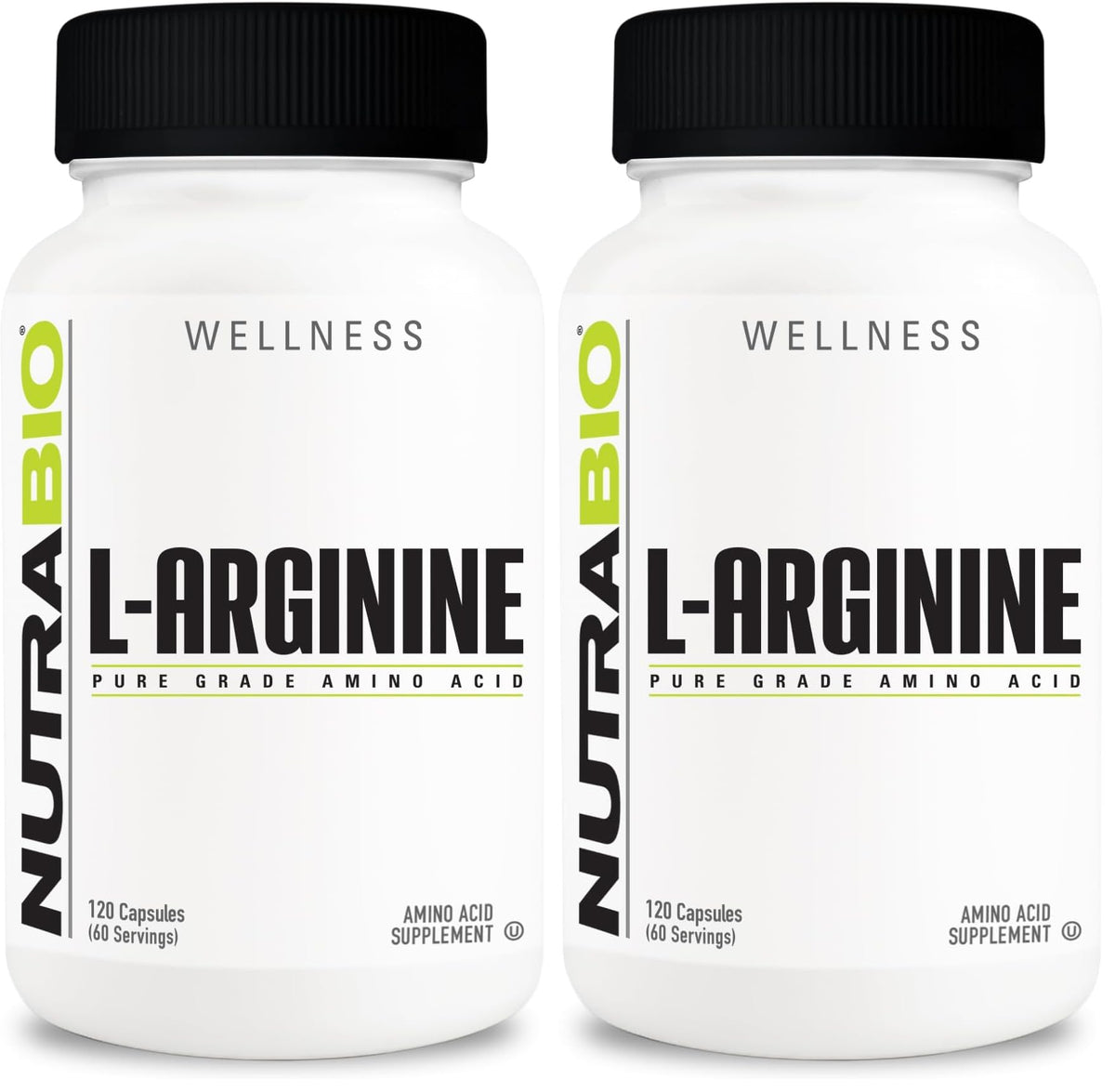 NutraBio L-Arginine 750mg bottle label and two-pack