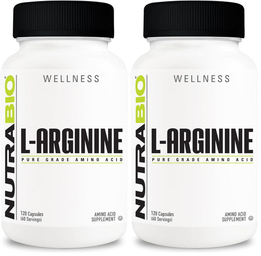 NutraBio L-Arginine 750mg bottle label and two-pack