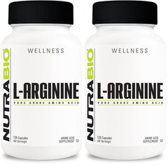 NutraBio L-Arginine 750mg bottle label and two-pack