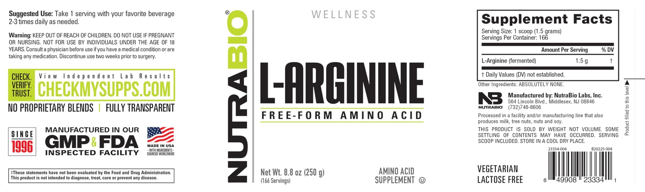 Label detailing ingredients and certifications on NutraBio bottle