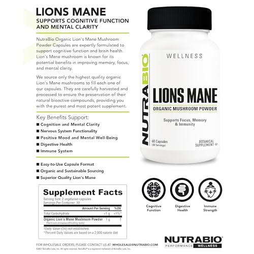 Capsules inside bottle of NutraBio Lions Mane