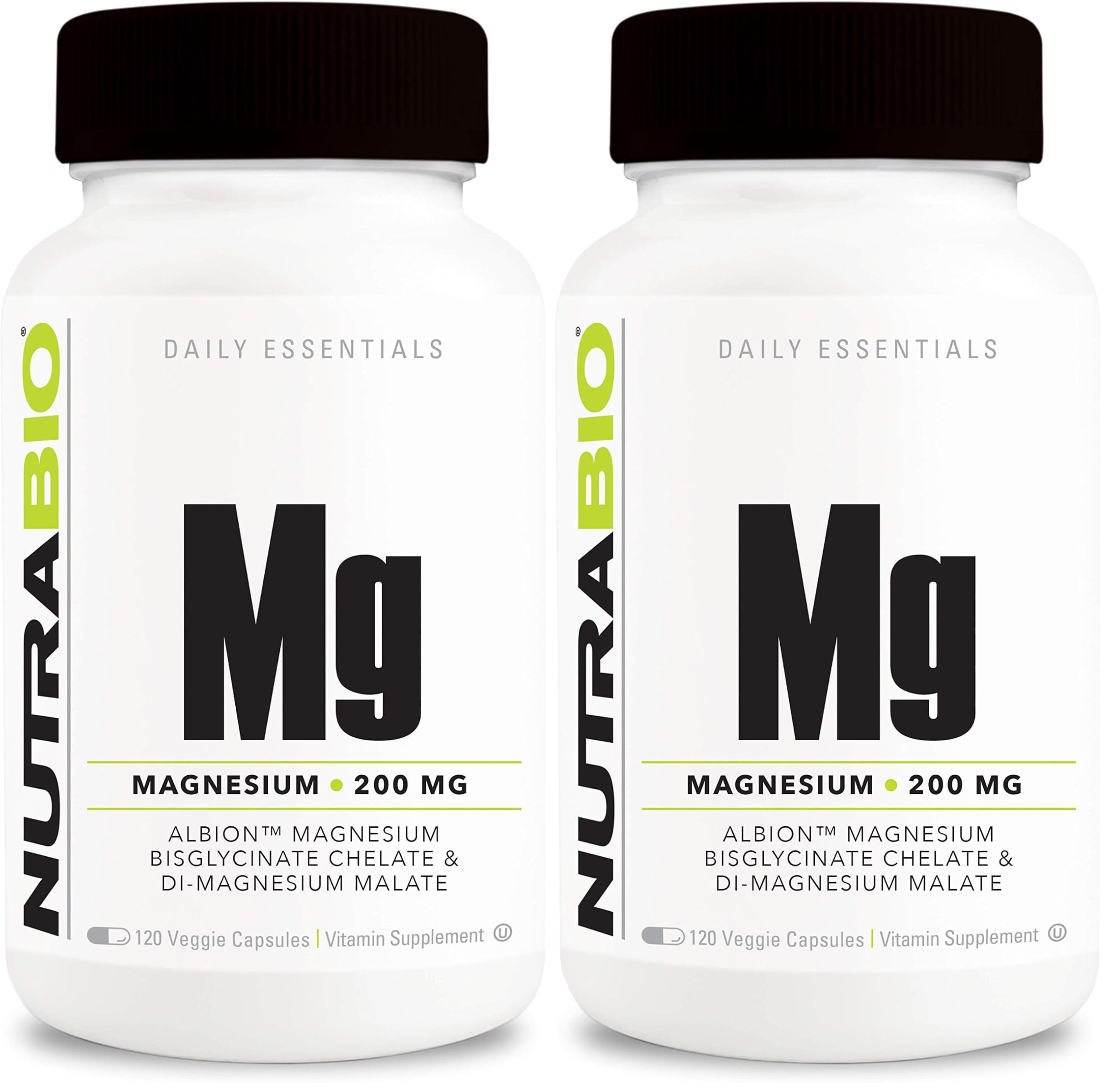 Front view of NutraBio Magnesium Glycinate + D-Magnesium Malate capsules bottle