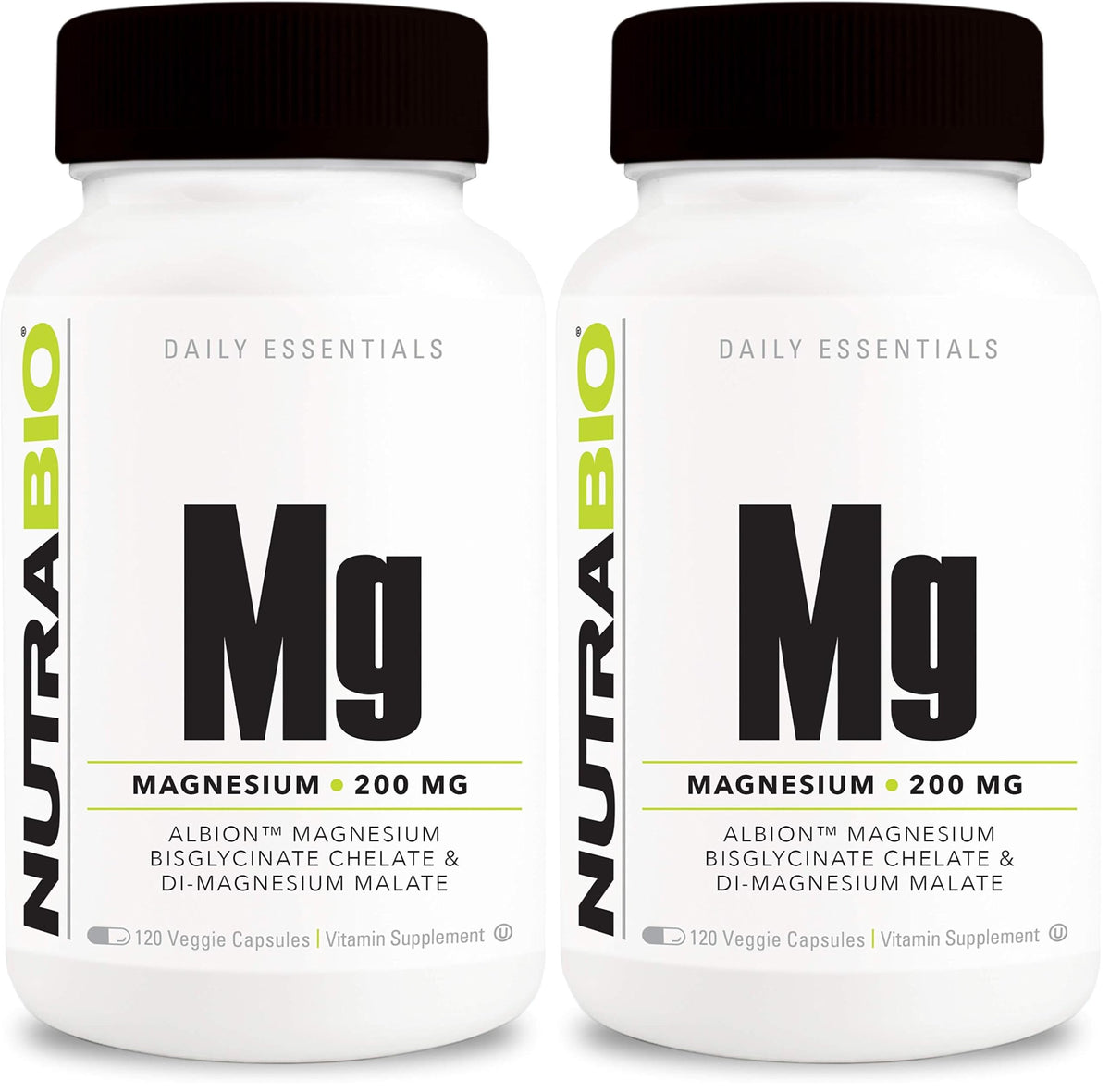 Front view of NutraBio Magnesium Glycinate + D-Magnesium Malate capsules bottle