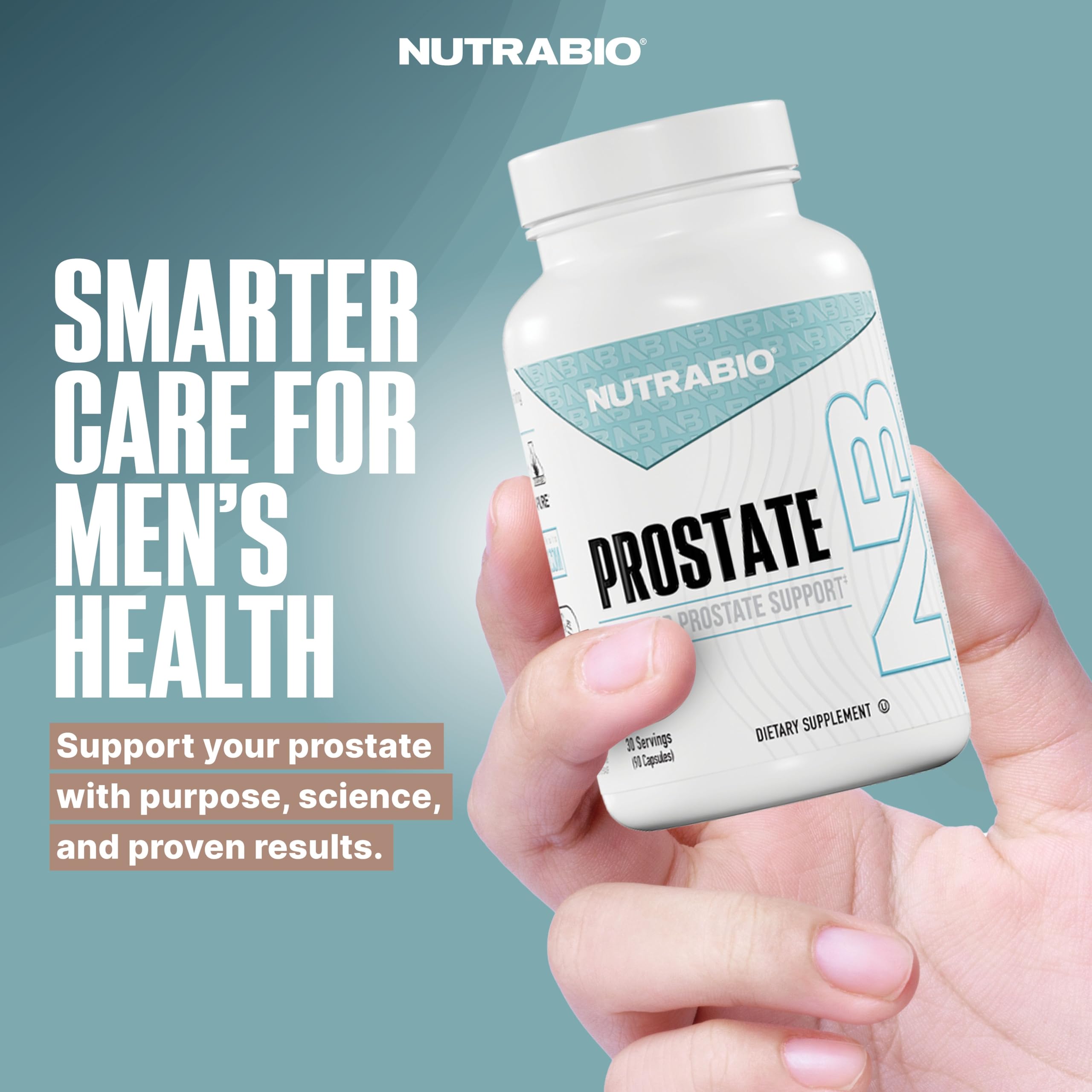 NutraBio Prostate capsules displayed next to bottle (90-count)