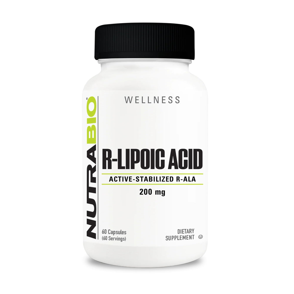 NutraBio R-Lipoic Acid 200mg bottle with 60 capsules
