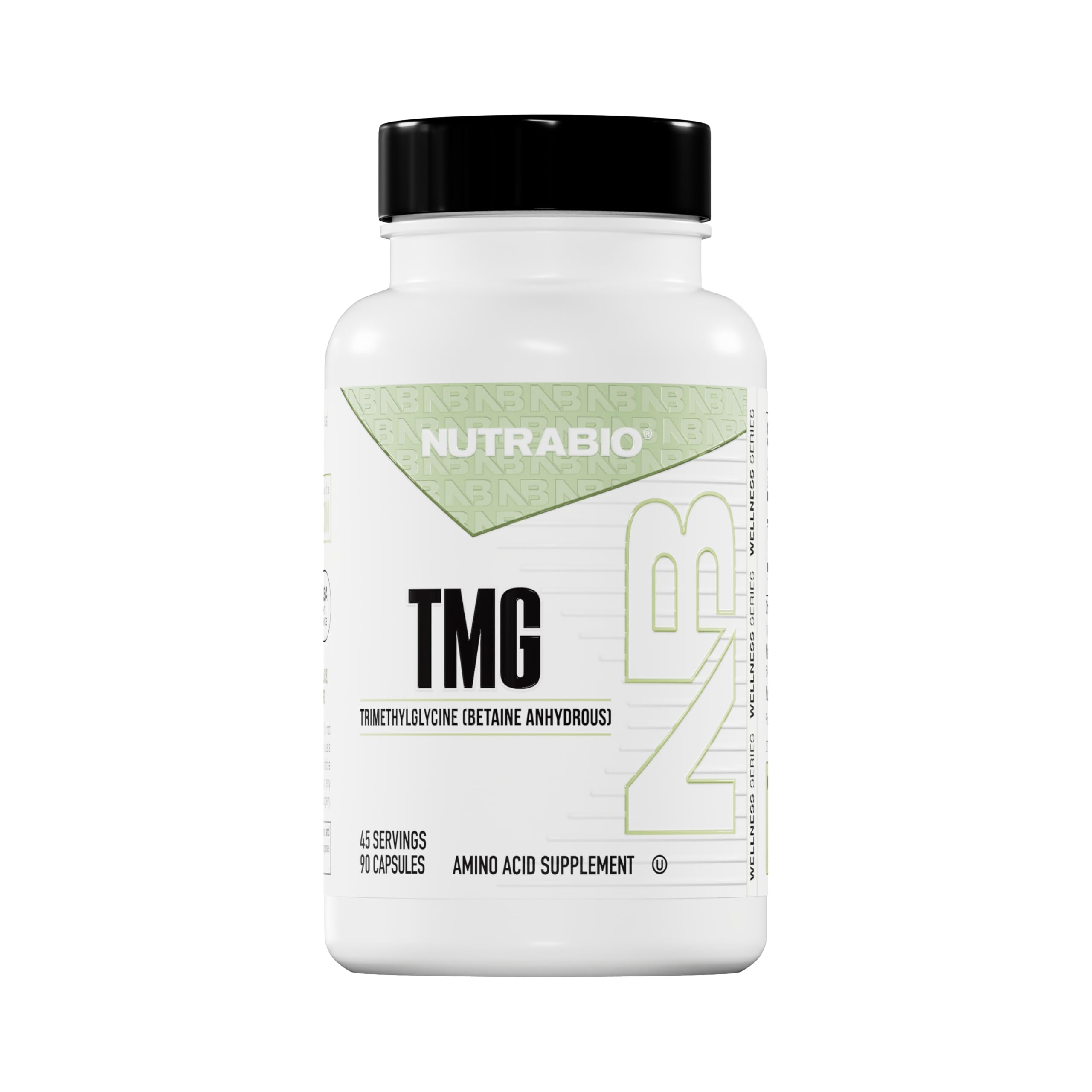 Side view of NutraBio TMG bottle showing label