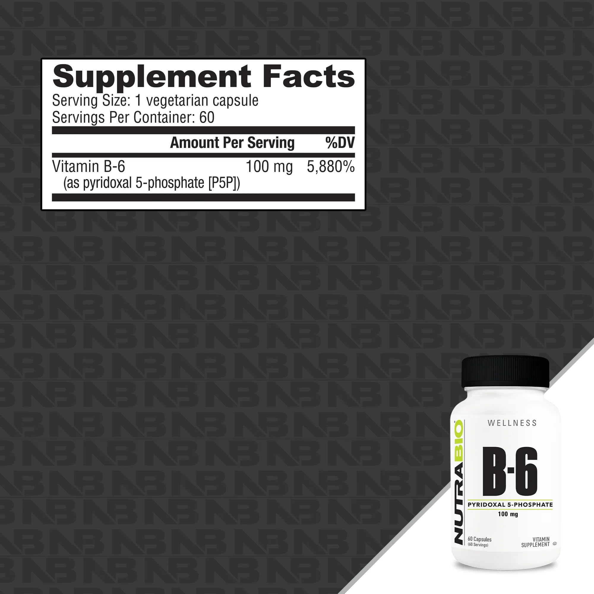 Close-up of Vitamin B6 P5P 100 mg per serving label