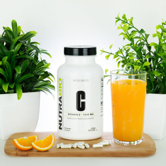 Label close-up of NutraBio Vitamin C with Rose Hips