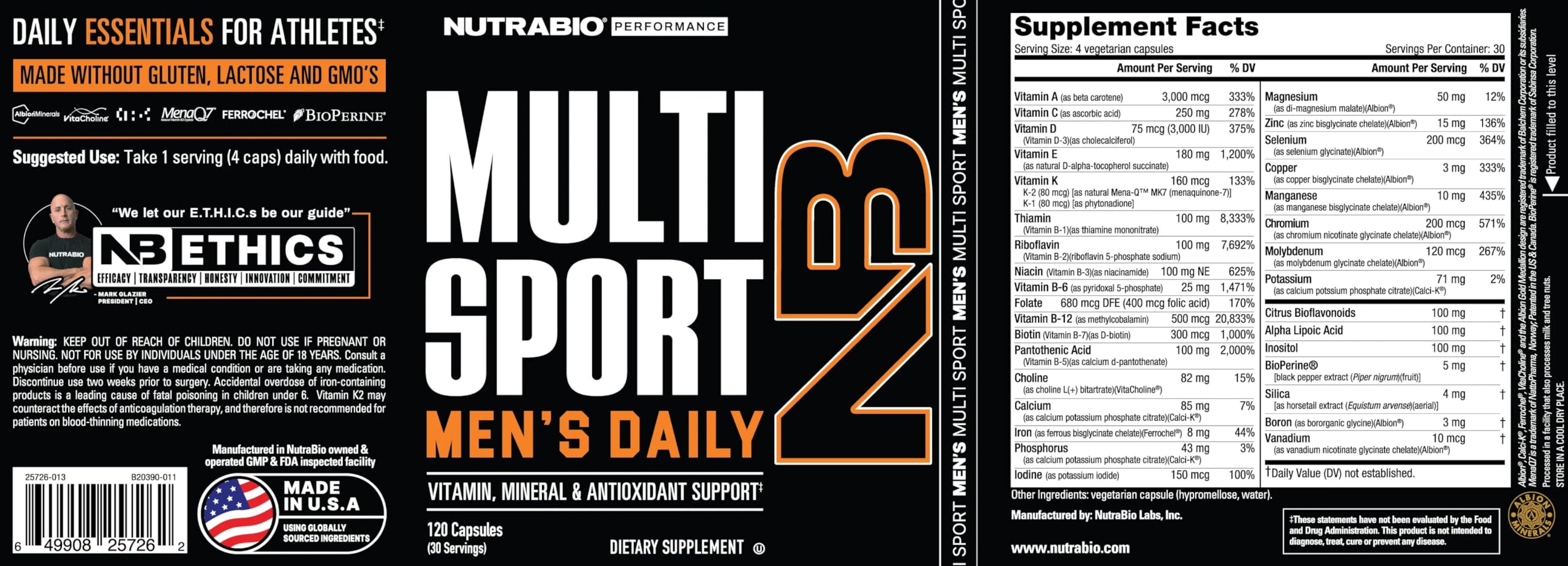 Close-up of NutraBio Multisport for Men label