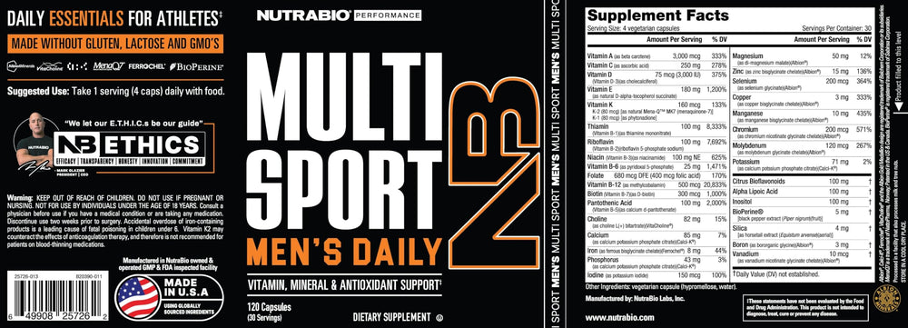 Close-up of NutraBio Multisport for Men label