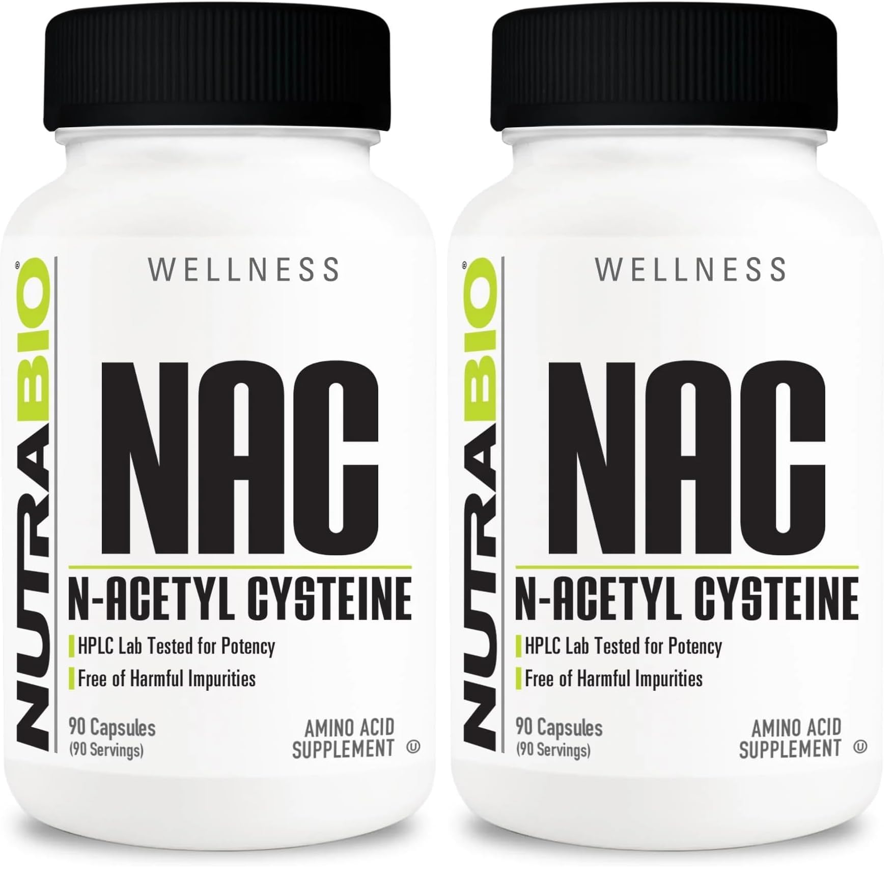 Front view of NutraBio NAC 600mg 90 capsules bottle (pack of 2)